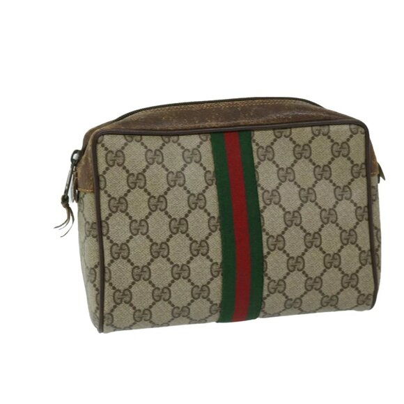 GUCCI GG Supreme Web Sherry Line Clutch Bag Beige Red 156 01 012 Auth 67661 - Picture 1 of 15